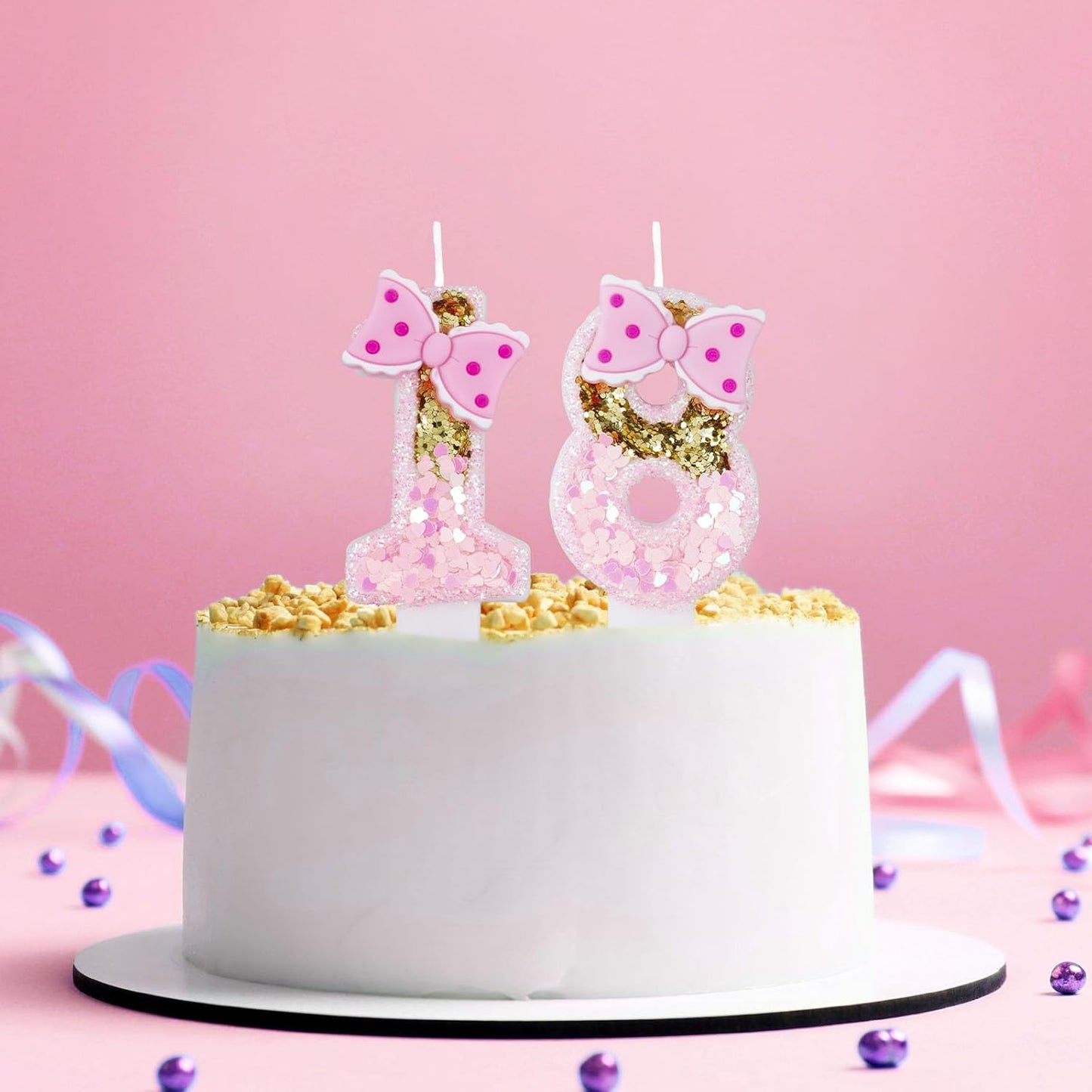 Girls' Pink 21st Birthday Candles with Gold Glitter Numbers and Bows - Perfect for Cake Decoration and Party Celebration