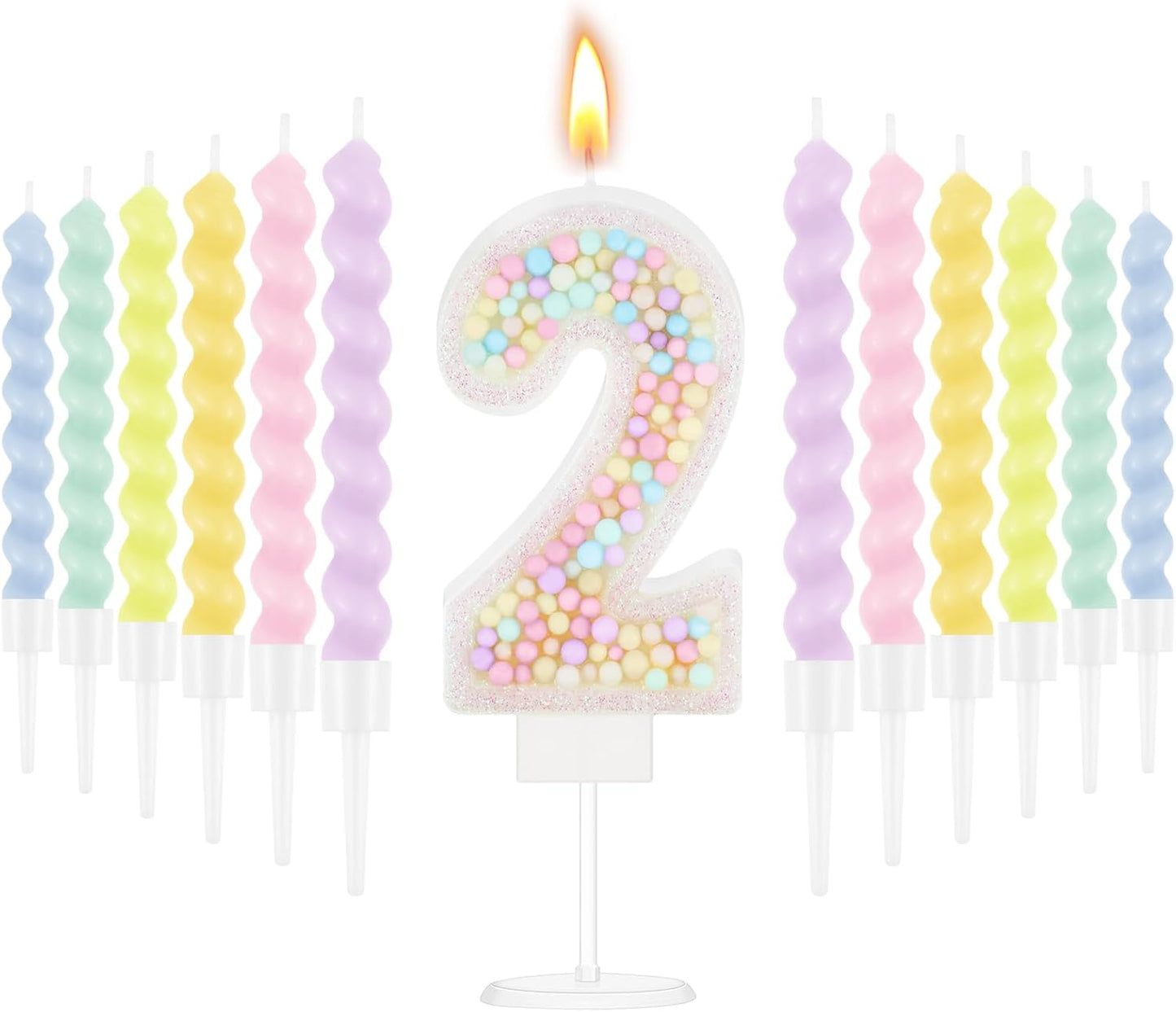 MTLEE Number 2 Birthday Candle with 12 Pcs Spiral Candles for Girls Macaron Pastel Rainbow Unicorn Pink Cake Topper for Sweet Theme Party Decoration