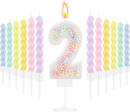 MTLEE Number 2 Birthday Candle with 12 Pcs Spiral Candles for Girls Macaron Pastel Rainbow Unicorn Pink Cake Topper for Sweet Theme Party Decoration