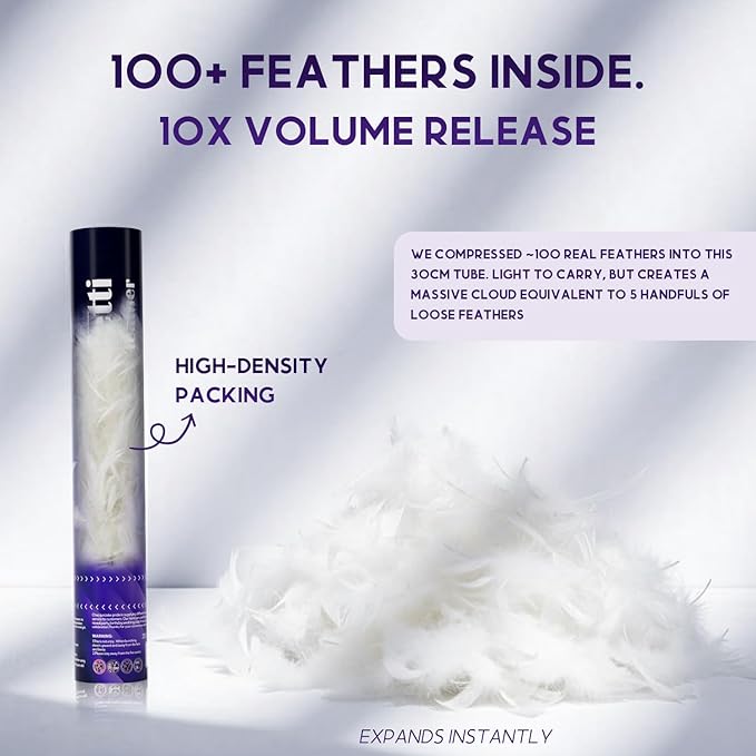 White Feather Confetti Cannon 12 Pack, 12" Biodegradable Wedding Confetti Poppers with Slow-Falling Real Feathers, Premium Party Poppers for Wedding Send Off, Bridal Shower & Celebrations