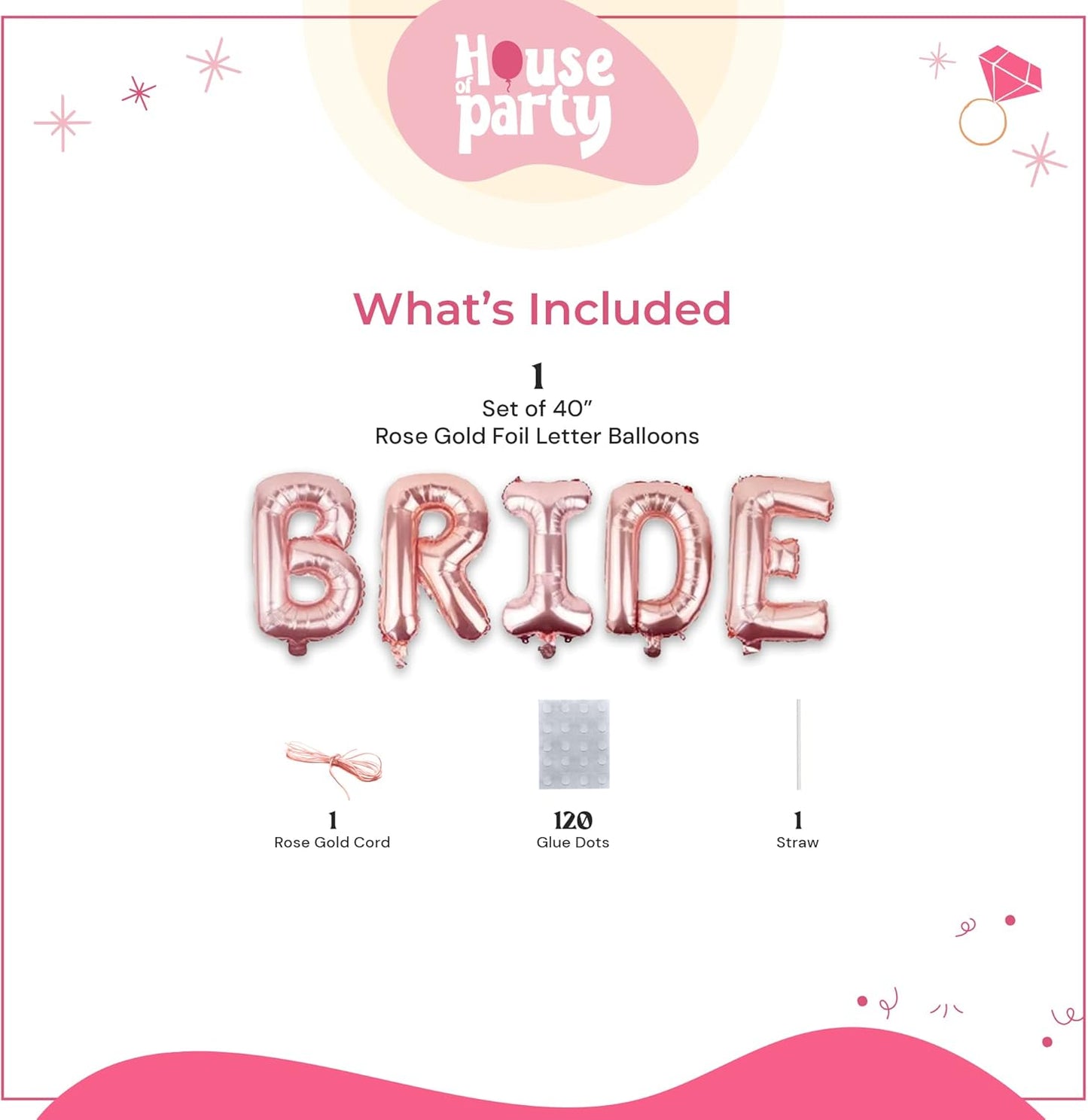 HOUSE OF PARTY Bride Balloon - 40'' Foil Balloons for Wedding Bridal Shower Engagement Party Decor - Bachelorette Party Supplies for Bride-to-Be! Rose Gold