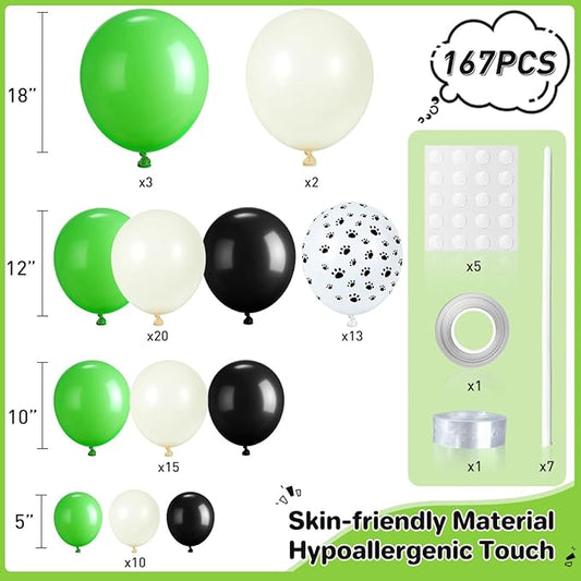 Dog Paw Green Black White Balloon Garland Arch Kit, 167Pcs Latex Balloons Different Sizes 18 12 10 5 inch for Pet Dog Theme Birthday Baby Shower Graduation Wedding Party Decorations