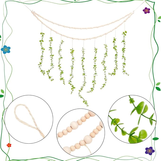 arricraft Hanging Eucalyptus Boho Wall Decor, Lime Green Artificial Eucalyptus Leaf Wall Hanging Decorations with Wooden Beads and Jute Cords for Living Room Bedroom Kitchen Decoration, 52 Inch