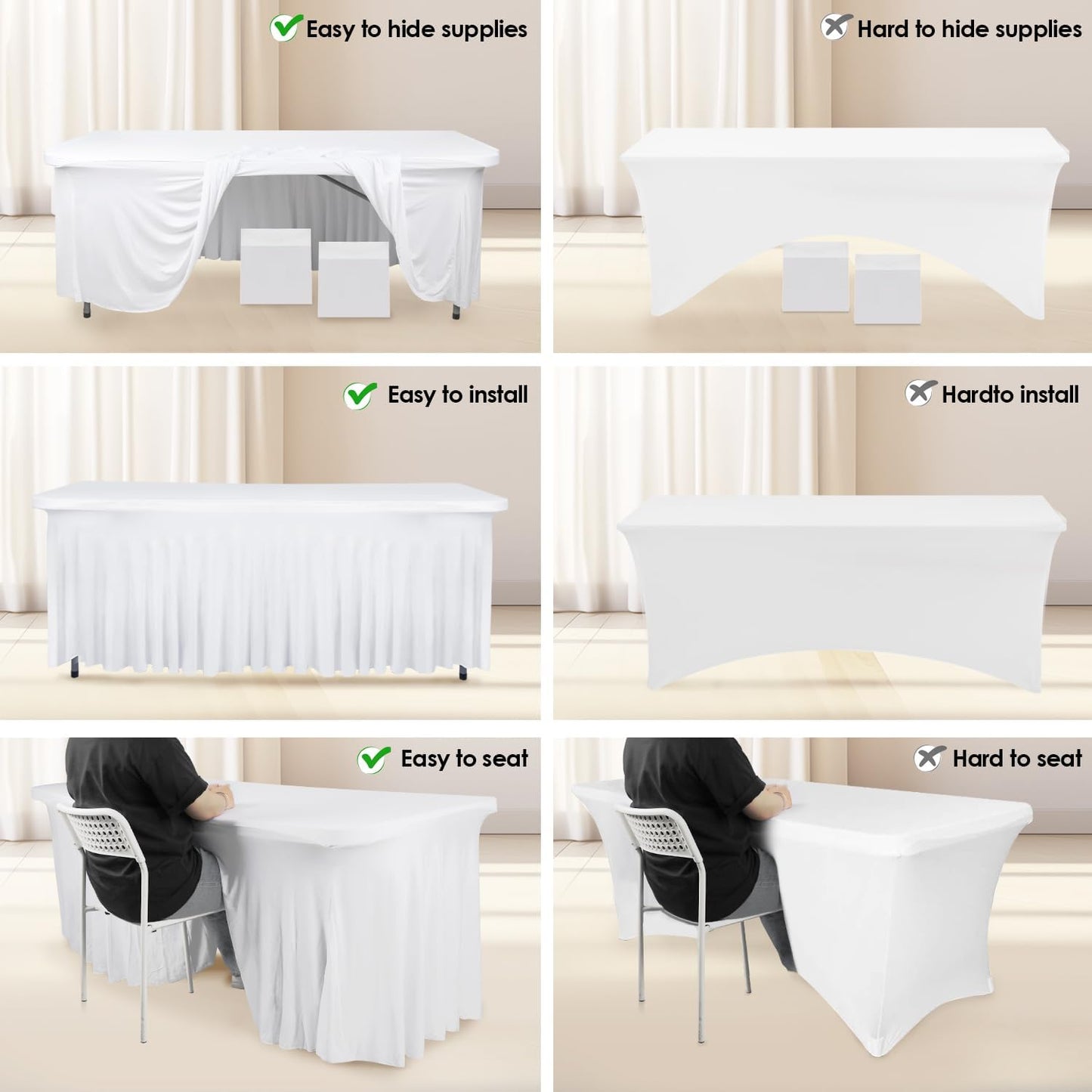 Table Skirt for 6ft Tables Spandex White Table Cover with Skirt Stretchy Tablecloth Wrinkle-Resistant Ruffles Elastic Tablecovers for Wedding, Banquet, Birthday Parties