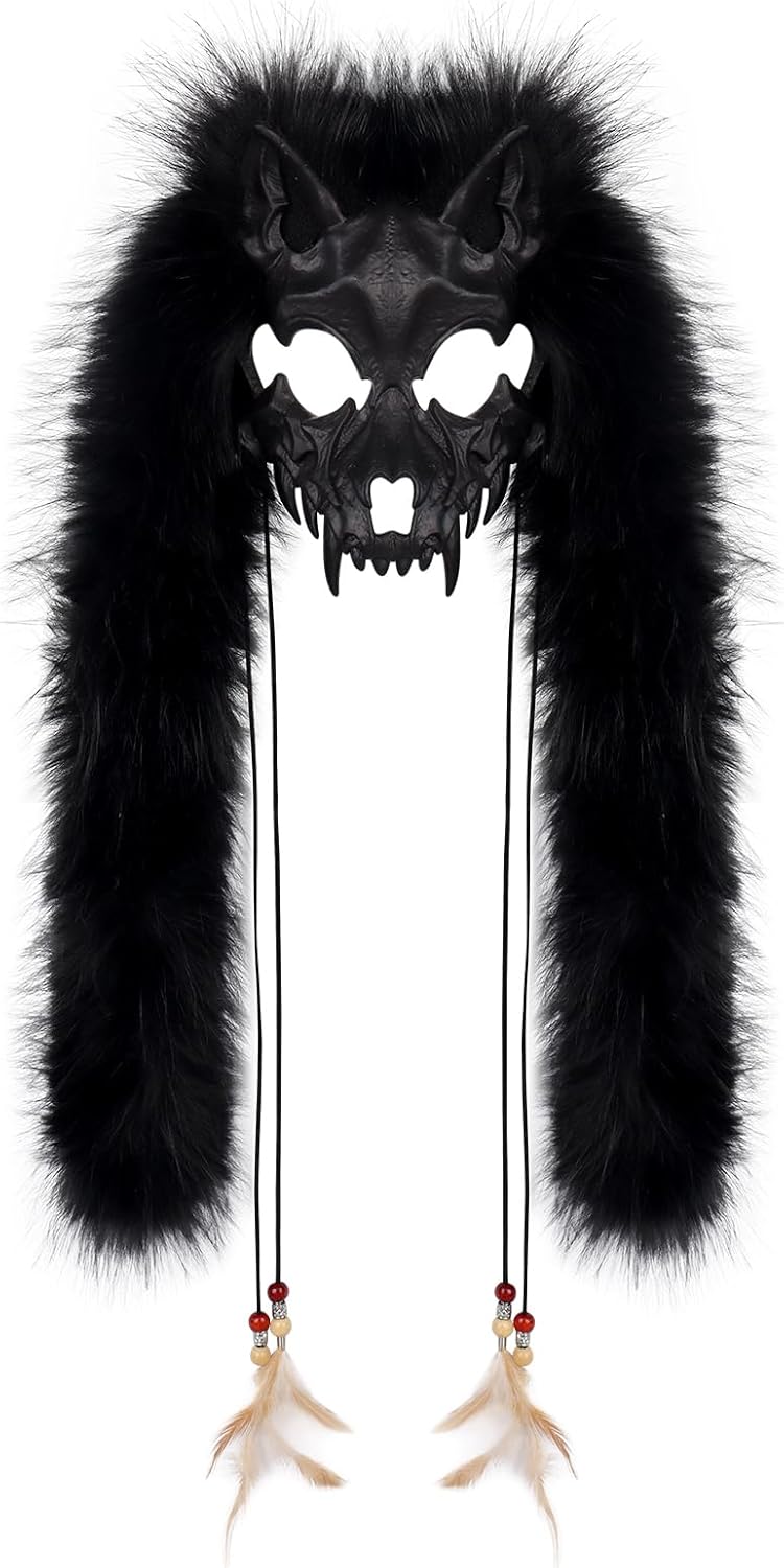 Adolala Faux Fur Furry Animal Wolf Fox Face Mask Werewolf Costume Cosplay Accessory for Halloween Themed Parties