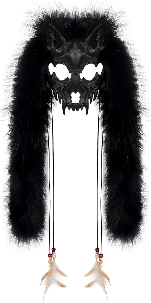 Adolala Faux Fur Furry Animal Wolf Fox Face Mask Werewolf Costume Cosplay Accessory for Halloween Themed Parties