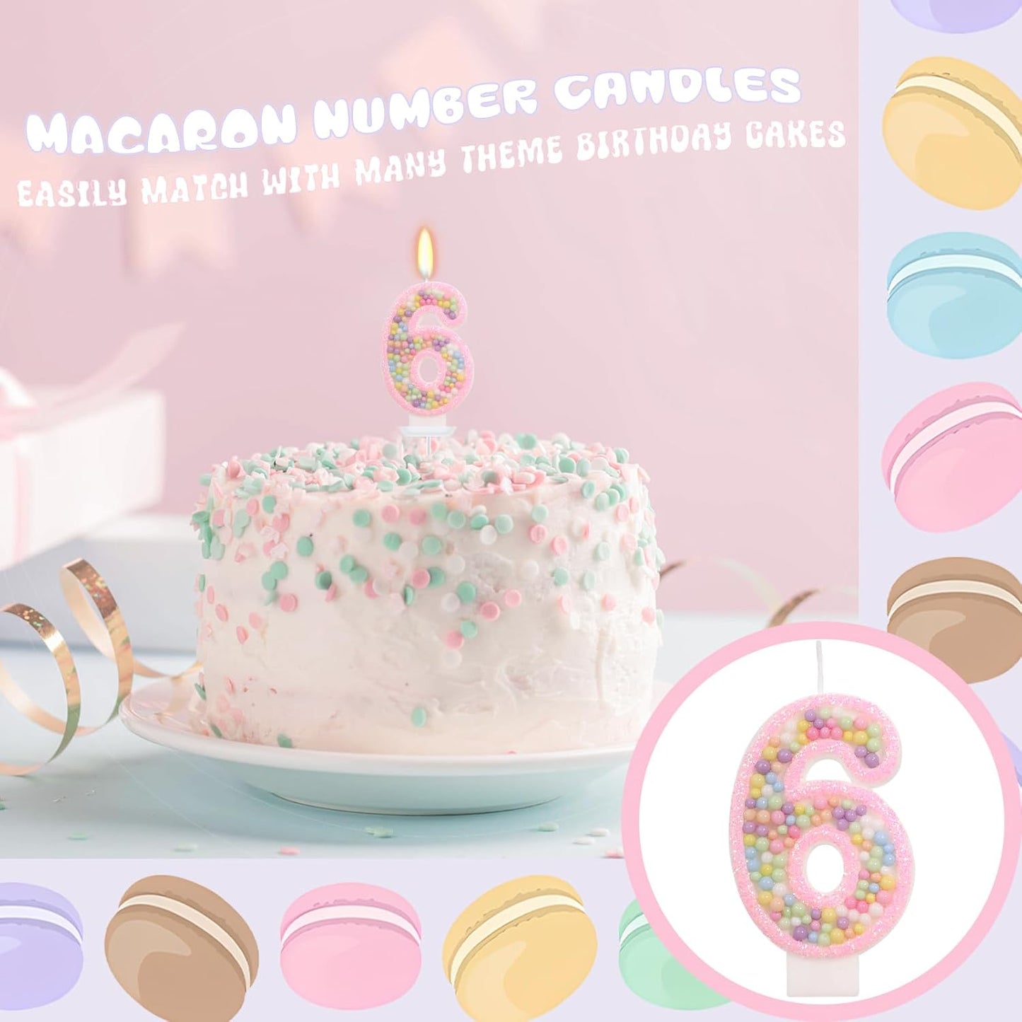 Pink Birthday Candles - Number 6 Candle, Colorful Macaron Candles, 6 Cake Topper, Pink Birthday Decorations, Sweet Theme Birthday Party Supplies