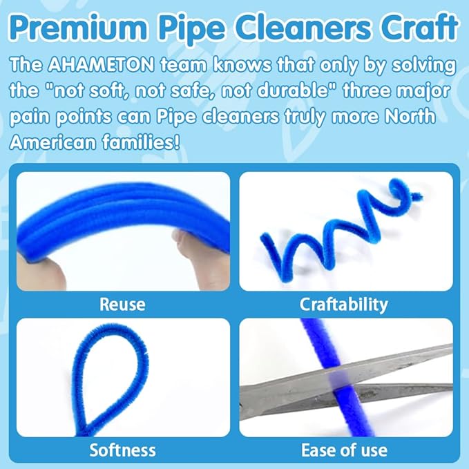 AHAMETON 620 Pcs Blue Pipe Cleaners Bulk,6 Colored Pipe Cleaners Craft,Chenille Stems for DIY Flower Bouquet Kit with Floral Wire,Creative Gift Eternal Flowers Supplies for Party Decorations