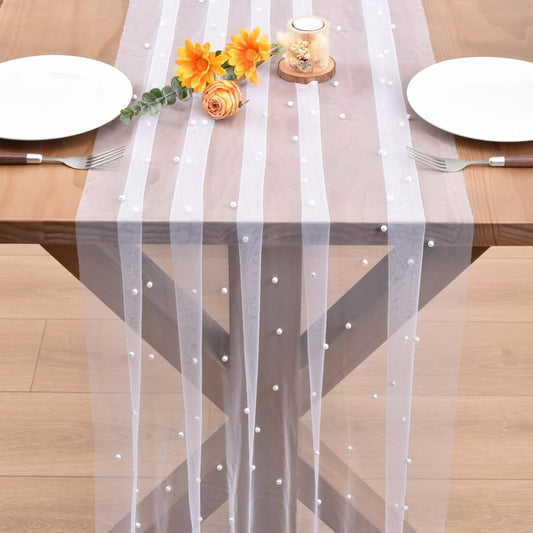 White Pearl Fall Thanksgiving Table Runner Boho Rustic Tulle Lace Table Runner for Baby Shower Wedding Arch Decor Veil Dessert Table Decor 6pcs