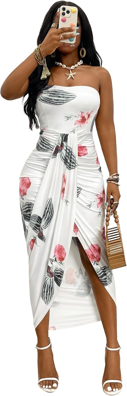 Umenlele Women's Strapless Ruched High Waist Wrap Split Asymmetrical Beach Maxi Long Dress