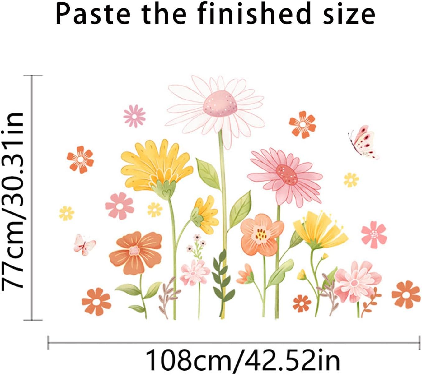 Boho Flower Wall Stickers, Daisy Butterfly Wall Decals, PVC Waterproof Self Adhesive Floral Retro Art Clings for Bedroom Living Room TV Wall Office Decor Home Decoration