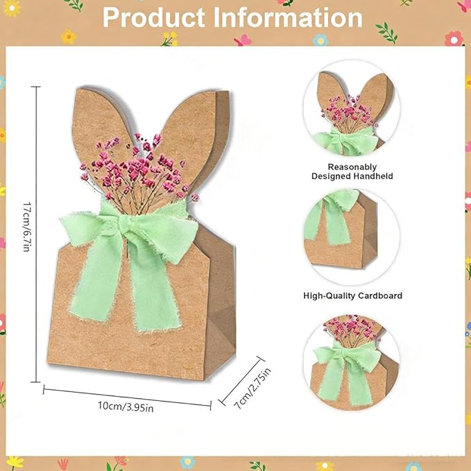 24 Set Boho Bow Easter Bunny Party Favor Bags, DIY Bunny Gift Boxes with Boho Neutral Bow Ribbon and Dried Flowers,Rustic Kraft Paper Rabbit Ears Treat Boxes Goodie Bags for Spring Holiday Decor(C)