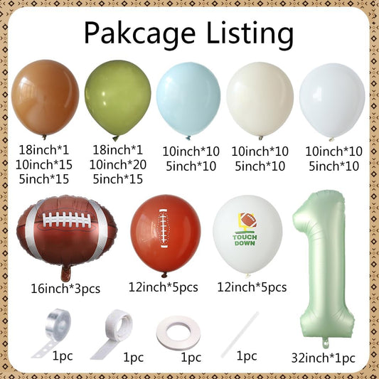 140Pcs Football Balloon Garland Arch Kit, Retro Green Blue Brown Balloons with Football Foil Balloon for Super Bowl Sport Theme Touch Down Rugby 1st Birthday Party Decorations