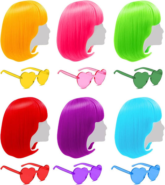 Short Bob Colors Wigs with Bangs, 6Pcs Cosplay Wig with Heart Sunglasses for Halloween Bachelor Party Decorations