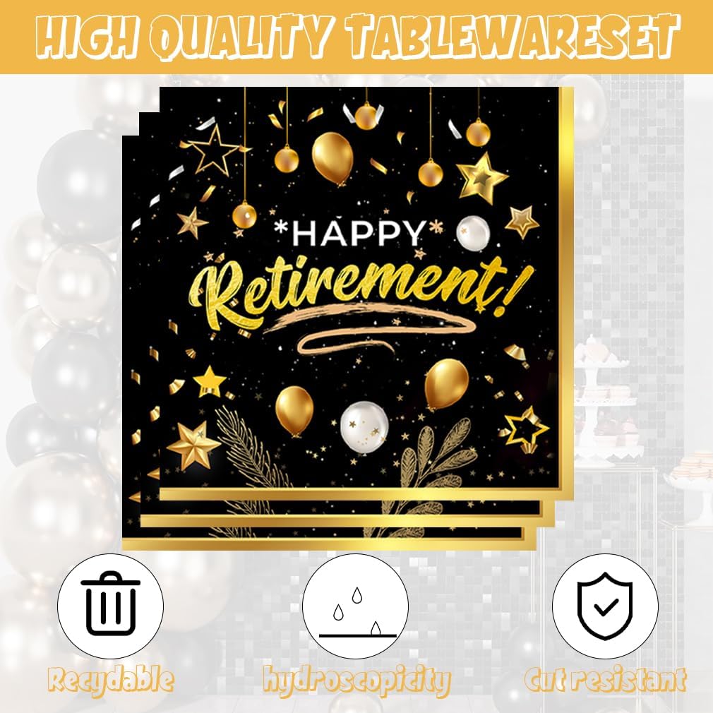 141pcs Retirement Party Decorations,Black Gold Party disposable tableware Includes Dinner Plate Dessert Plate Paper Napkin Cup Knife Fork Straws Tablecloth Black Gold Retirement Supplies set
