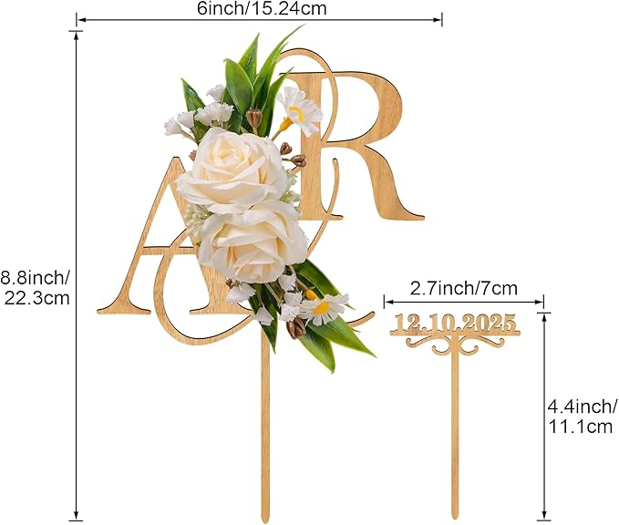Personalized Wedding Cake Topper with 3D Artificial Flowers and Green Leaves Custom Initials Wooden Anniversary Cake Decoration