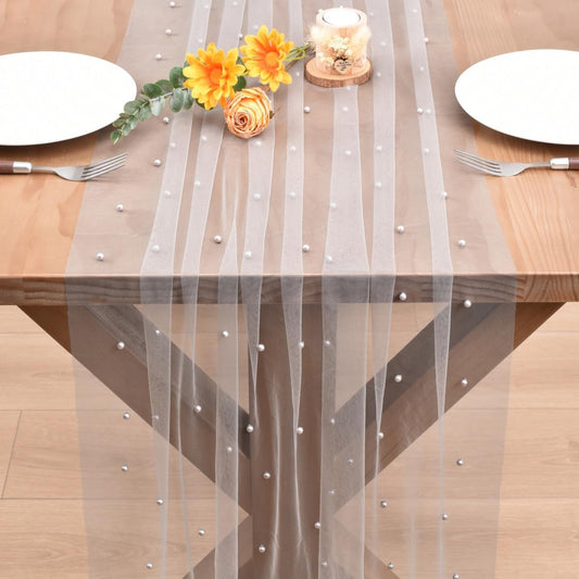 Gray Pearl Fall Thanksgiving Table Runner Boho Rustic Tulle Lace Table Runner for Baby Shower Wedding Arch Decor Veil Dessert Table Decor