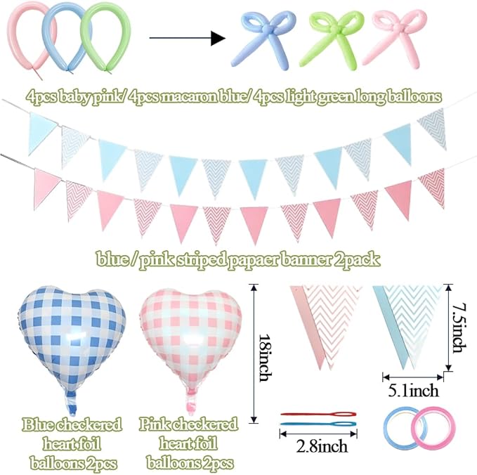 Pastel Balloon Arch Kit Double Stuffed Light Pink Blue Yellow Green Balloon Garland Gingham Heart Foil Balloons Striped Pennant Banner for Easter Baby Shower Birthday Gender Reveal Party Decorations
