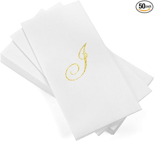 AMERICAN HOMESTEAD Disposable Hand Towels - Gold Foil Monogrammed Guest Napkins - Linen-Like Bathroom Paper Towels for Guests - Perfect Wedding and Party Napkins - 50 Count (Gold I)