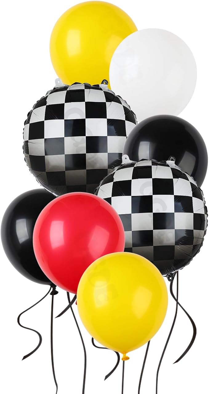 Race Car Balloon Bundle 20 Pcs Checkered Balloons Latex Balloon Yellow Red Black Boy One Happy 1st 2nd Vintage Two Fast Theme Fast One Race Car Birthday Party Decor Supplies Kit