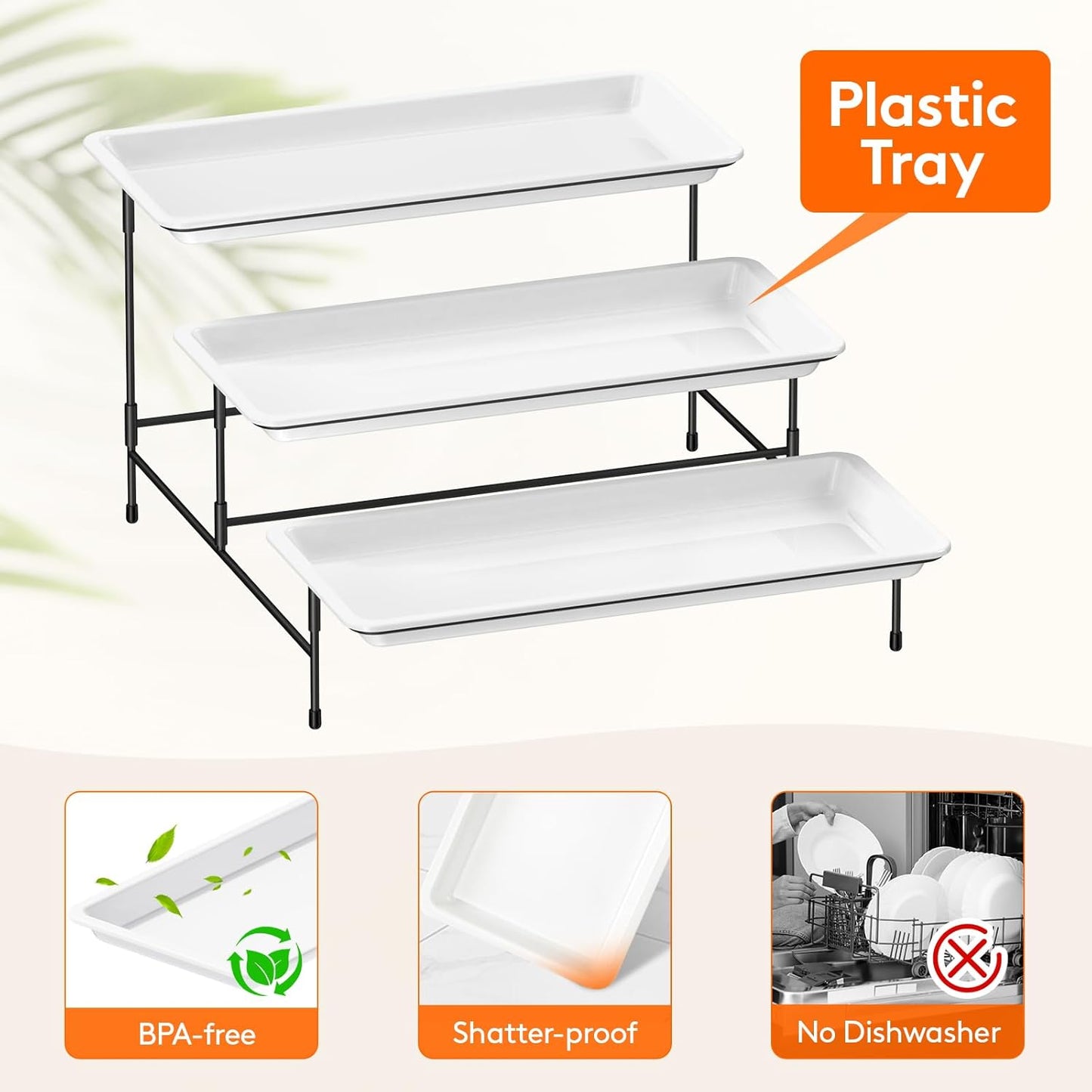 Lifewit 3 Tier Serving Tray, 14" x 6.5" White Plastic Tiered Food Serving Platters, Tiered Tray Stand for Party with Black Collapsible Metal Stand, Dessert Display Stands for Cookies, Crackers