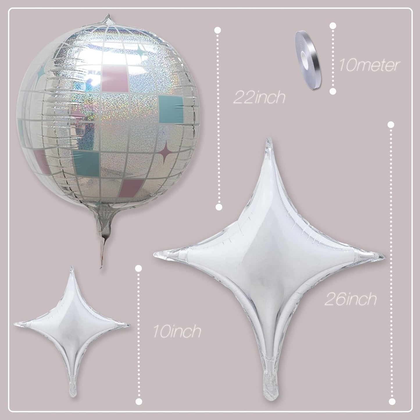 8pcs Iridescent Disco Ball Foil Balloons&Glitter Silver Sparkle 4D Balloon For Cowboy Themed Bachelorette,Anniversary Groovy Birthday Party Supplies, 70s 80s 90s Baby Shower,Space Decoration