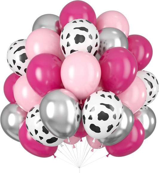 Rose Red & Pink Cow Print Balloons - Metallic Silver & Light Pink Latex - Cowgirl Birthday, Bachelorette & Bride Party Decorations