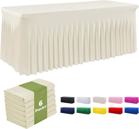 Leegleri 6 Pack Ivory Spandex Table Clothes for 8ft Rectangle Tables, Wrinkle Free Fitted Tablecloths for Parties, Weddings, Banquets, Baby Showers