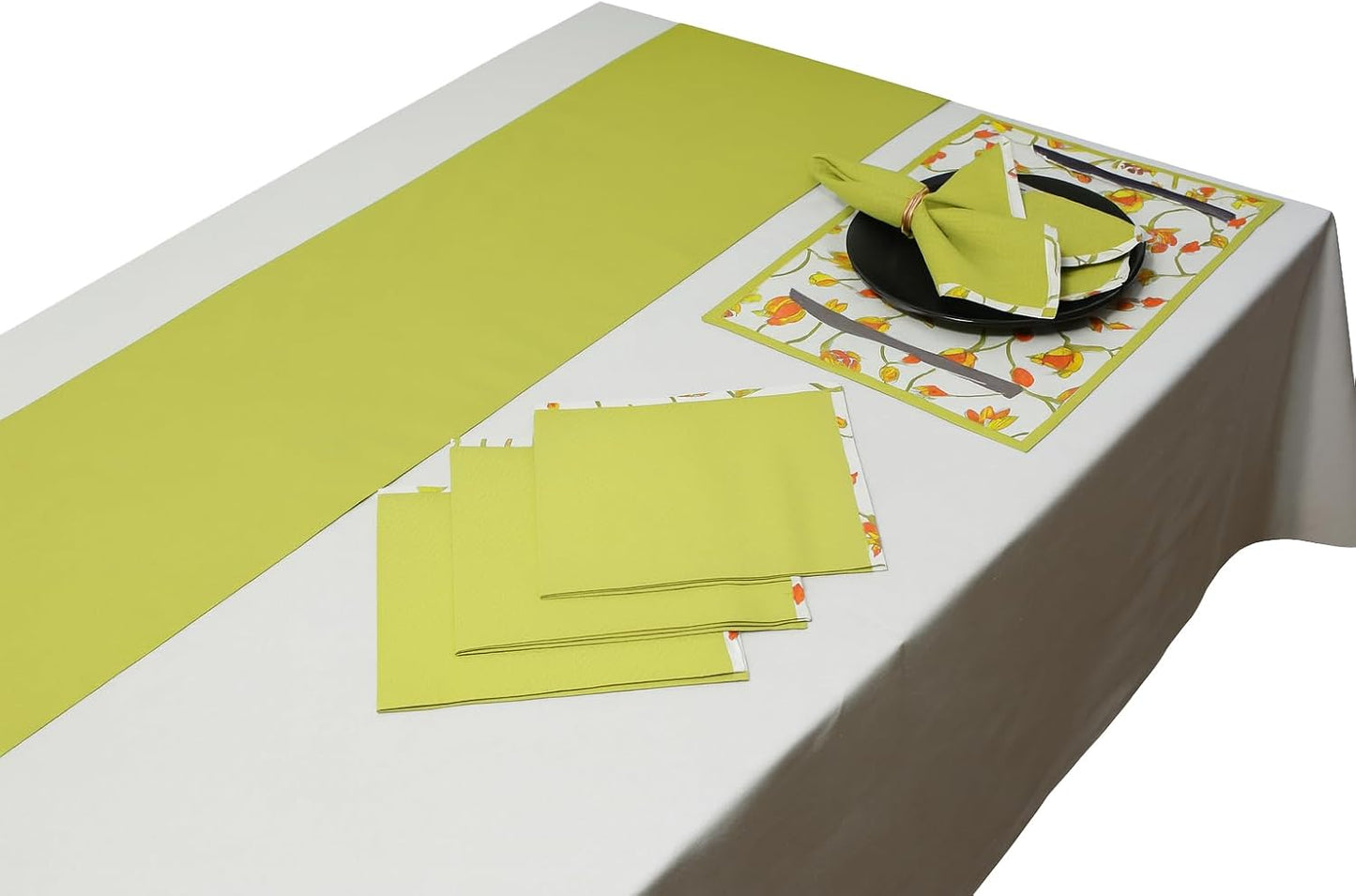 Indtresor Indian Heritage Fabric Cotton Table Linen Reversible Set Runner Napkins Mats in Orange Green