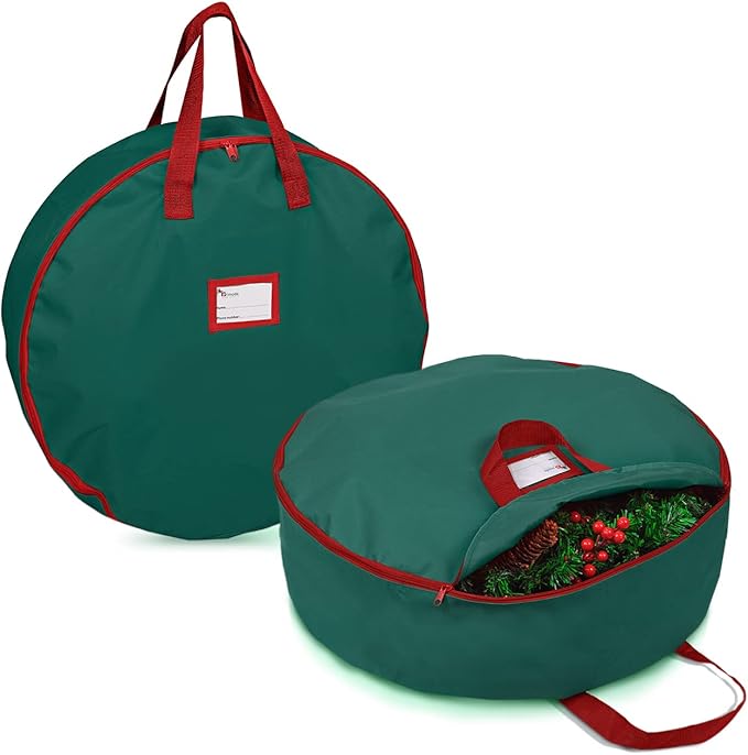 Primode Christmas Wreath Storage Bag 30" - 2 Pack Artificial Wreath Container - Garland Holiday Xmas Wreaths Holder - Sturdy Handles - Card Slot Zipper Strong 420D Oxford (30 Inch, Green)