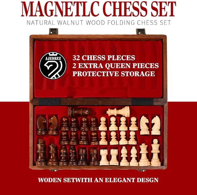 15 Inch Walnut Magnetic Chess Board Set for Adults Kids Wooden Chess, Folding Portable Travel Chess Game for Tournament Professional Beginner
