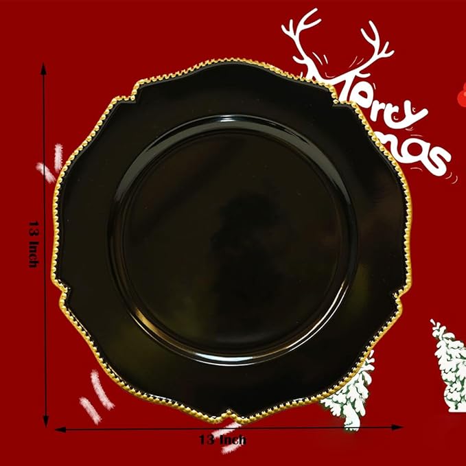 Black scalloped charger plates with Gold beaded rim,13 inch plastic dinner chargers for wedding and party table settings, Glossy Finish (set of 6)