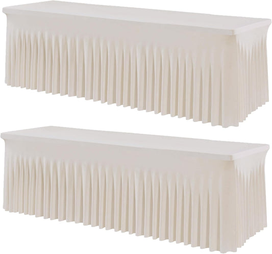2 Pack Spandex Ivory Table Clothes for 8 Foot Rectangle Tables, Stretch Table Cloth 8ft Fitted Table Cover Desk Skirt for Parties Weddings Birthday Banquet Baby Shower