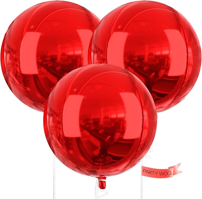 PartyWoo Red Foil Balloons 3pcs 50 Inch Large Round Foil Big Giant 4D Jumbo Inflatable Mirror Ball Mylar Balloons for Graduation Birthday Anniversary Casino Cherry Citizenship Party Decorations