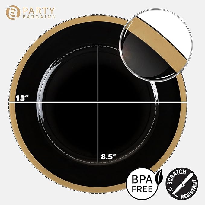 PARTY BARGAINS 13-Inch Charger Plates - 8 Pack, Black Gold Rim, Heavy-Duty Disposable Chargers for Elegant Dining - Ideal for Weddings and Formal Events