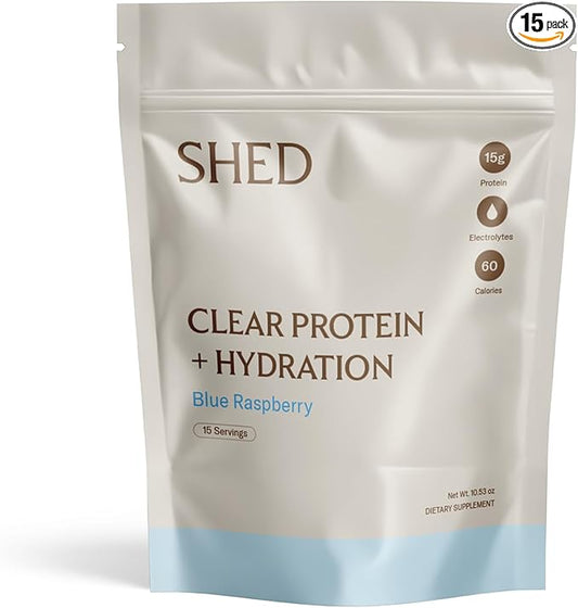 Clear Protein Powder with Electrolytes by Shed, 15g Whey Protein Isolate, Low Calorie and Lactose Free, Light and Clean Hydration Drink, Bloat-Free Post Workout Supplement, Blue Razz (15 Servings)