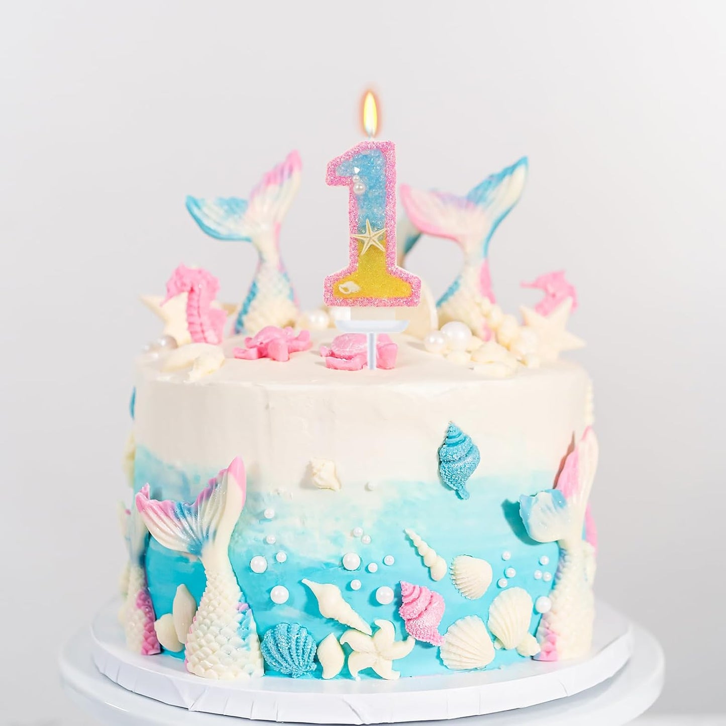 1st Birthday Candle for Cake, Pink Beach Starfish Sequins Number Cake Candles, 2.76 inch Pink Cake Topper Decoration for Birthday Party (Number 1)