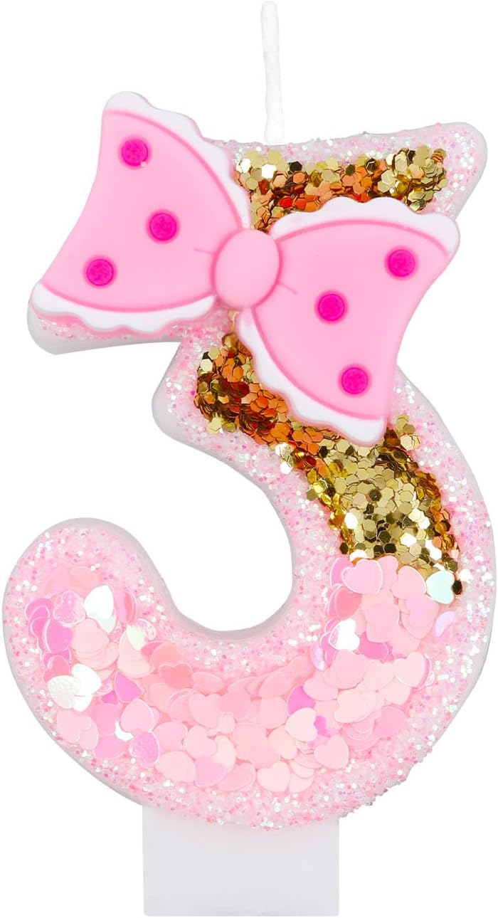 Girls' Birthday 3-Number Glitter Pink Candles with Bows