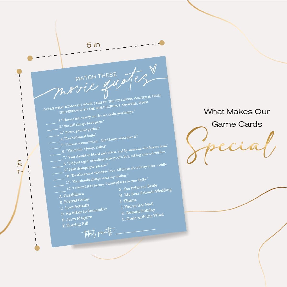 Bridal Shower Games Cards, Match These Movie Quotes, 25 Game Cards with 1 Answer Card, Engagement Party Wedding Games for Guests, Minimalist Blue Wedding Party Supplies - B09