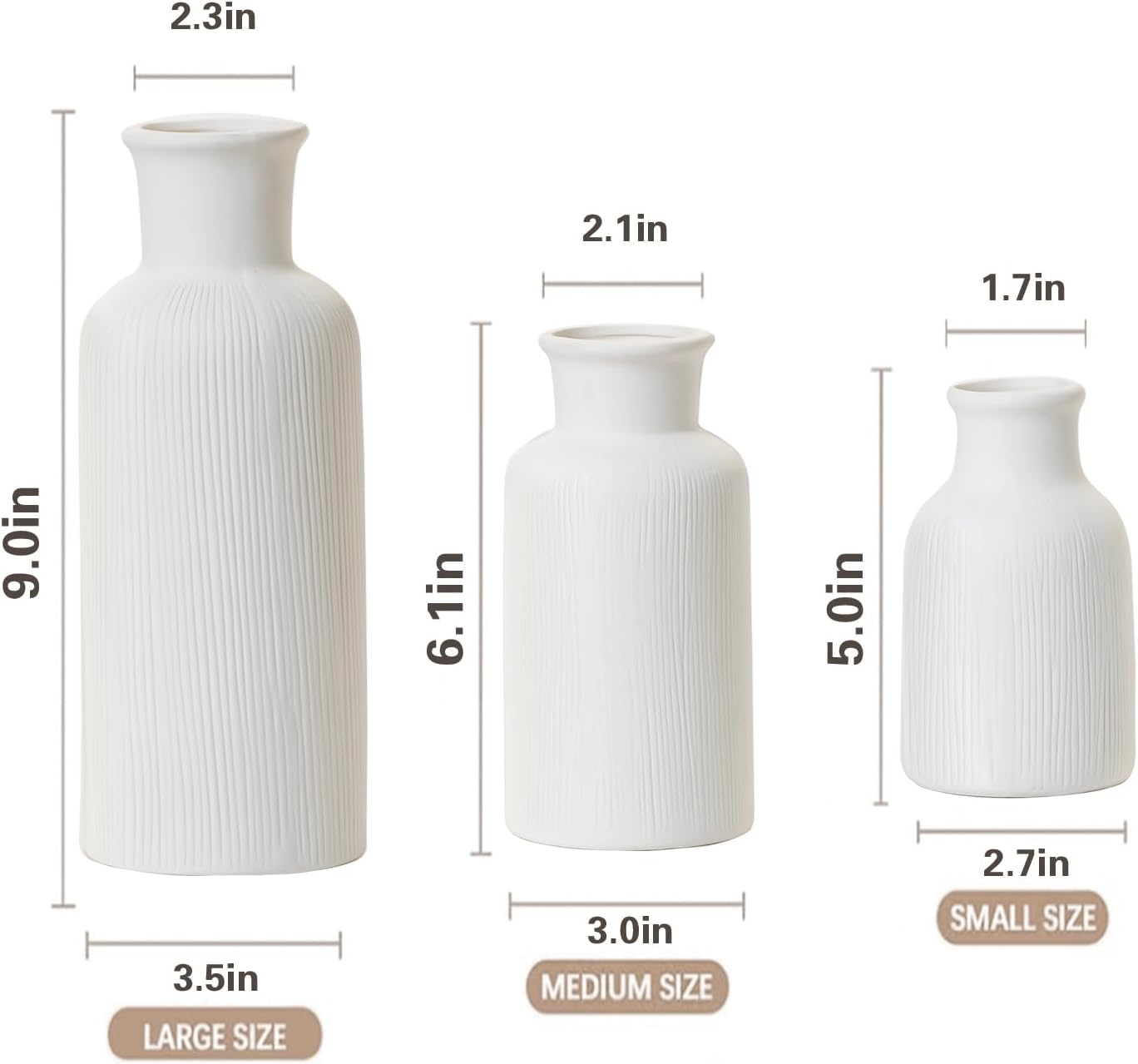 White Ceramic Vase Set of 3, Modern Ribbed Design, Pampas Vases, Table Decorations