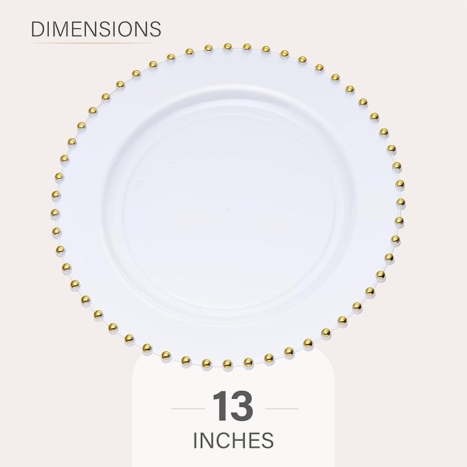 PLASTICPRO White with Gold Rim Plastic Charger Plates with Beaded Edge – Pack of 4 – 13" Elegant Round Disposable Chargers for Weddings, Events, Parties, and Dinners