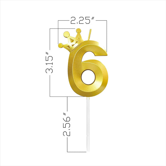 Number 6 Birthday Candle Six Years Old Happy Birthday Number Candles Cake Topper Decorations 3D Crown (Crown-6, Gold)