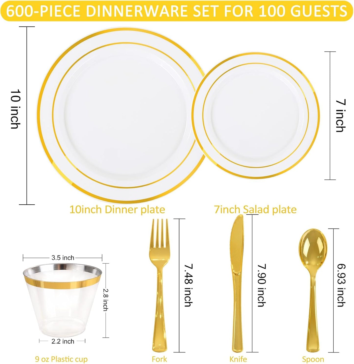WELLIFE 300 PCS Gold Dinnerware Set for 50 Guests, Gold and White Disposable Plastic Plates for Party, 50 Dinner & Salad Plates, 50 Cups Forks Knives Spoons for Wedding and Party Supplies