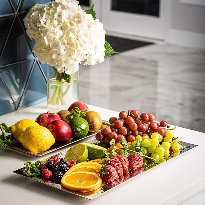 Silver Hammered Trays - Silver Serving Tray and Platters - Appetizer Tray - Chrome Rectangle Platters (2 Pack)