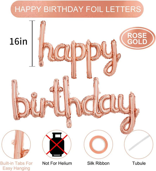 TONIFUL Rose Gold Happy Birthday Balloons Banner, 16 Inch Mylar Foil Script/Cursive Letters Birthday Sign Banner Balloon Reusable Material for Girls Boys Kids & Adults Birthday Decorations