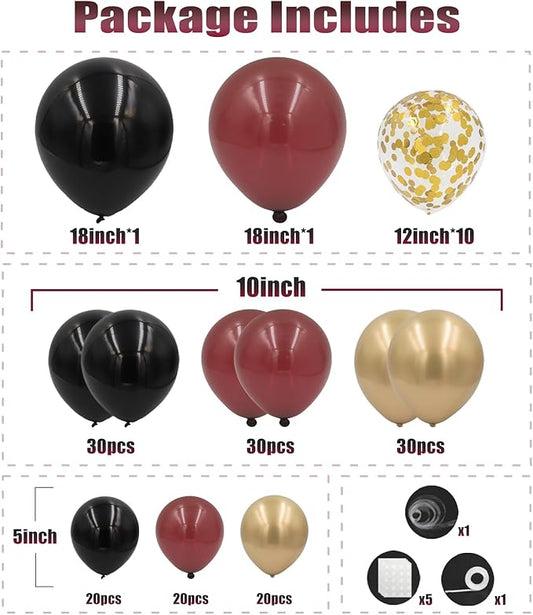 Burgundy and Gold Balloon Arch Kit, 162pcs Different Sizes with Burgundy Black Chrome Gold Confetti Balloons for Graduation Ceremony Prom Anniversary Wine Birthday Party Decorations