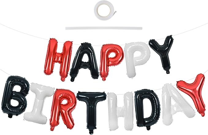 TONIFUL Happy Birthday Balloons Banner with Ribbon Straw,16 Inch Mylar Letters Birthday Sign Banner Balloon Bunting Reusable for Girls Boys Kids & Adults Birthday Halloween Supplies（Red Black White）