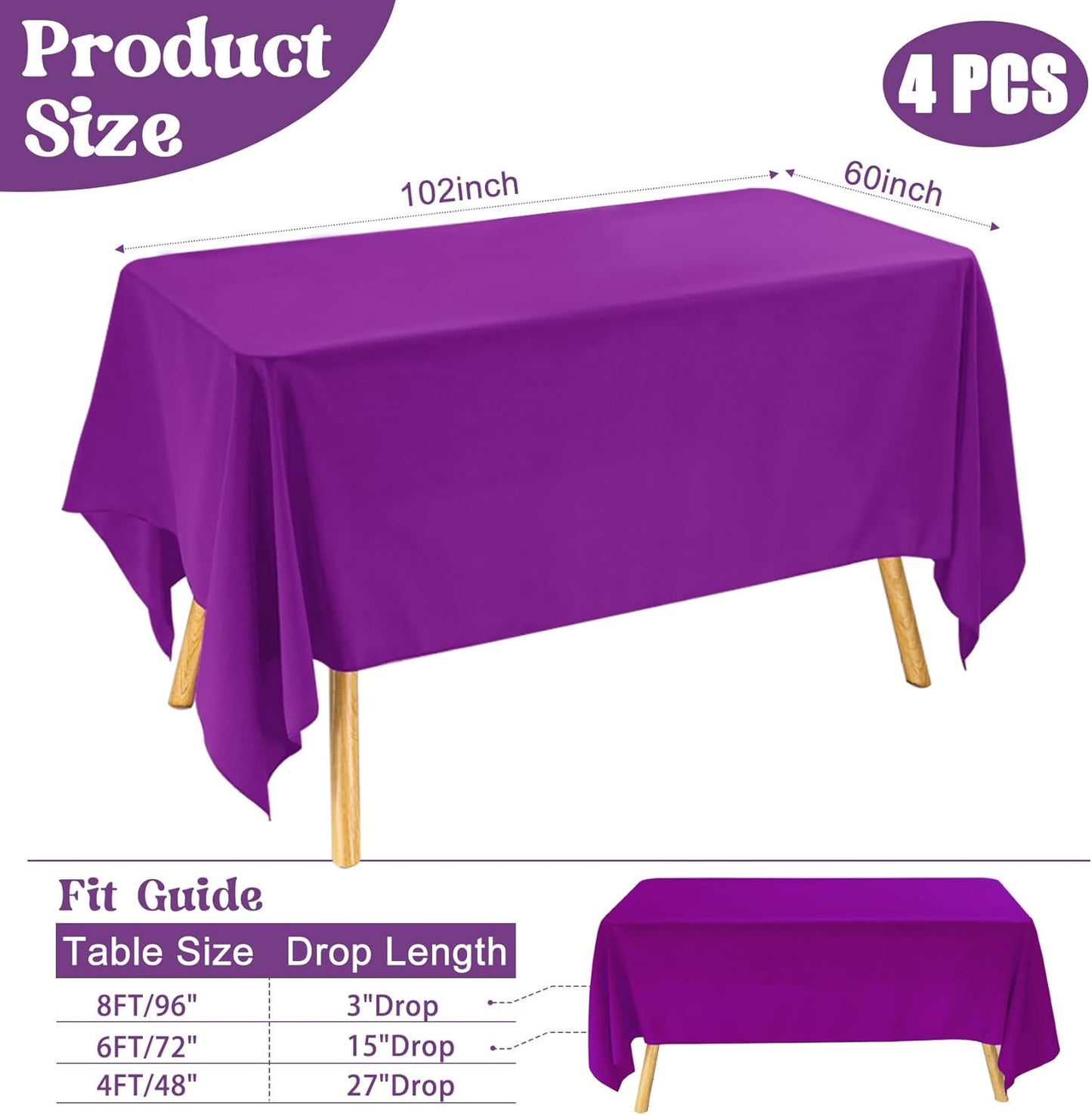 4 Pack Rectangle Tablecloth 60x102 Inch Purple Washable Polyester Table Cover for Wedding Dining Table Buffet Parties Banquet Decoration（Purple）