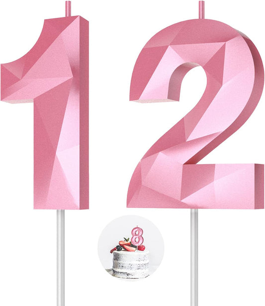 Number Birthday Candles(12 Candle Pink) 3D Diamond Shape 12th Happy Birthday Cake Topper Decorations for Girl Women Birthday Wedding Anniversary Celebration Theme Party Supplies