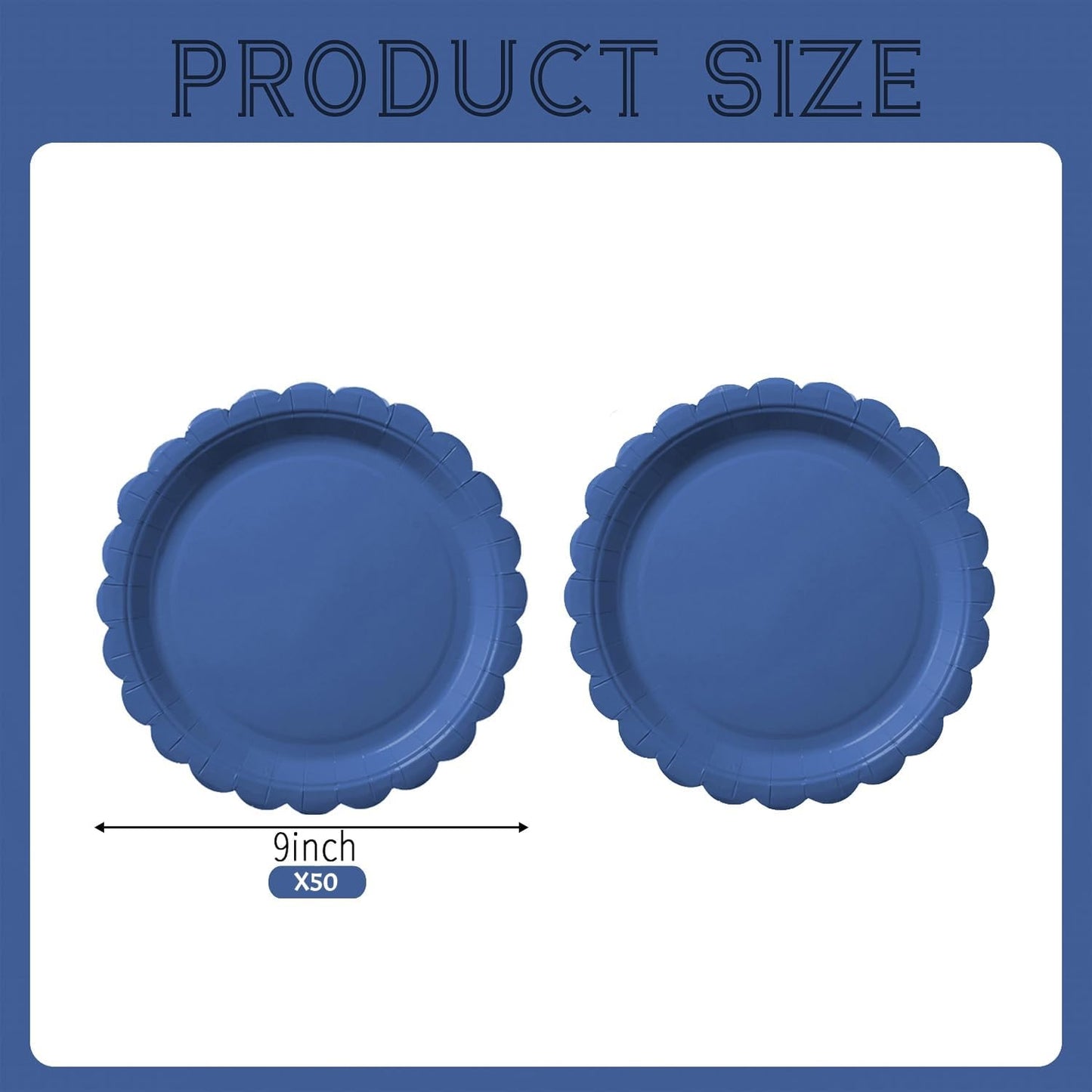 BEFORYOU 50PCS Scalloped Disposable Paper Plates 9IN Dessert Cake Party Plates for Baby Shower, Wedding,Bridal Shower Birthday Party Supplies (Navy Blue, 9IN)